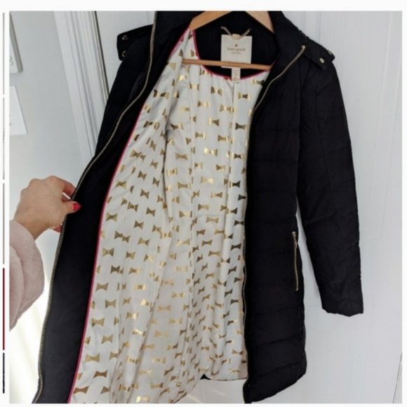 kate spade black Belted Faux Fur Trim Down Coat size xs nwot - Picture 7 of 11